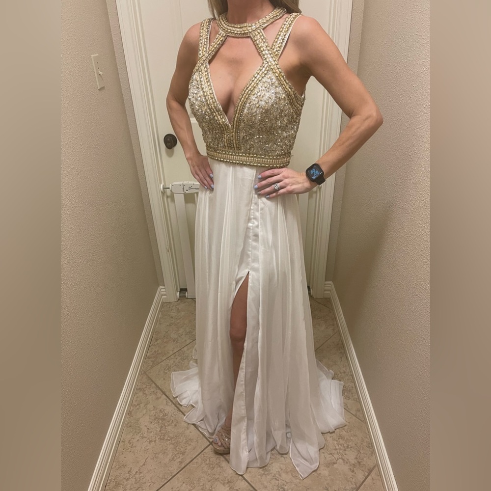 White and gold Mac Duggal gown